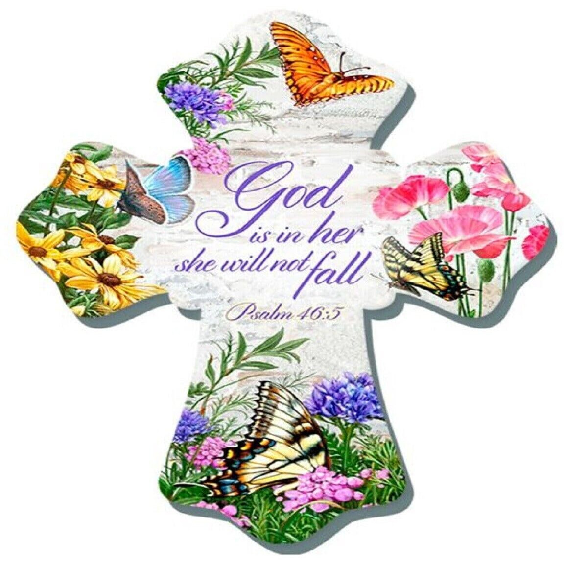 glow Decor 137532 Butterflies & god is in Her She Will Not Fall Wall cross - 6 x 8 in