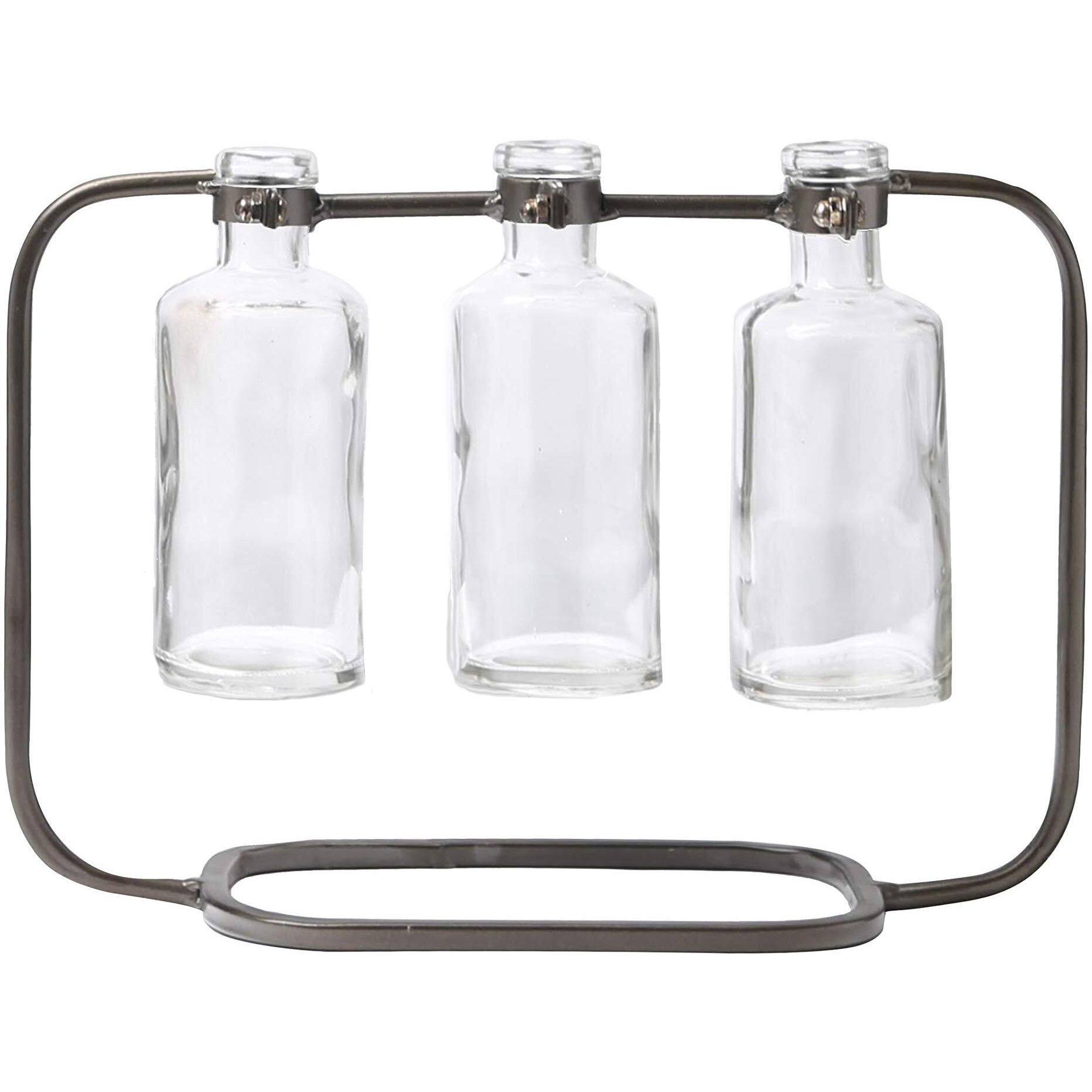 Urban Trends collection 59233 Metal clustered Hanging Bud Vase with 3 Short glass Bottle Vases on capsular Base  Metallic gunmetal gray