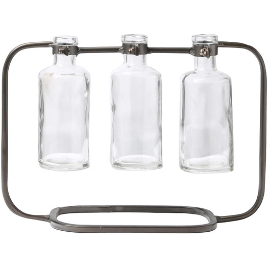 Urban Trends collection 59233 Metal clustered Hanging Bud Vase with 3 Short glass Bottle Vases on capsular Base  Metallic gunmetal gray
