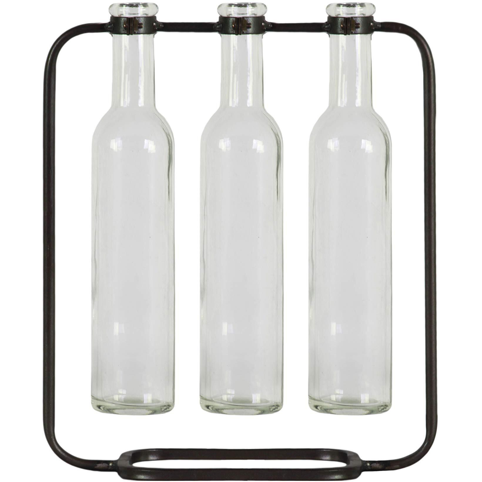 Urban Trends collection 59228 Metal clustered Hanging Bud Vase with 3 Tall glass Bottle Vases on capsular Base Metallic - gunmetal grey