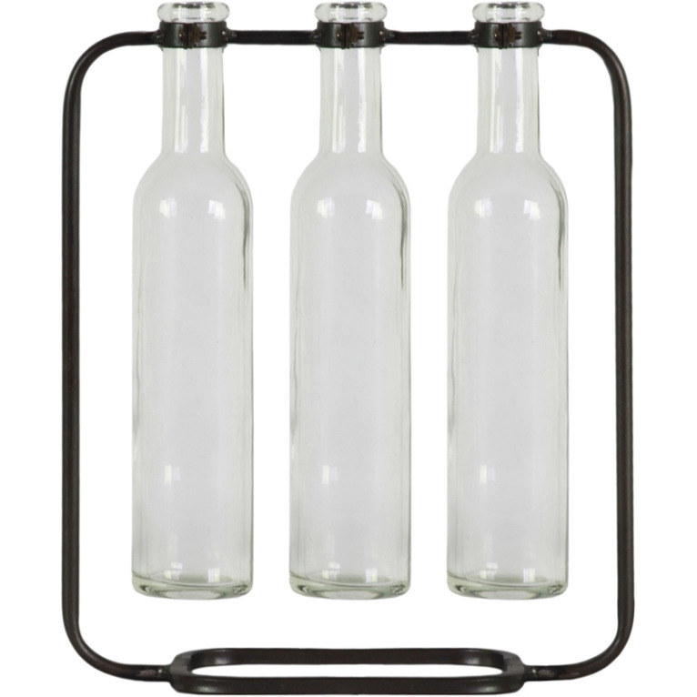 Urban Trends collection 59228 Metal clustered Hanging Bud Vase with 3 Tall glass Bottle Vases on capsular Base Metallic - gunmetal grey