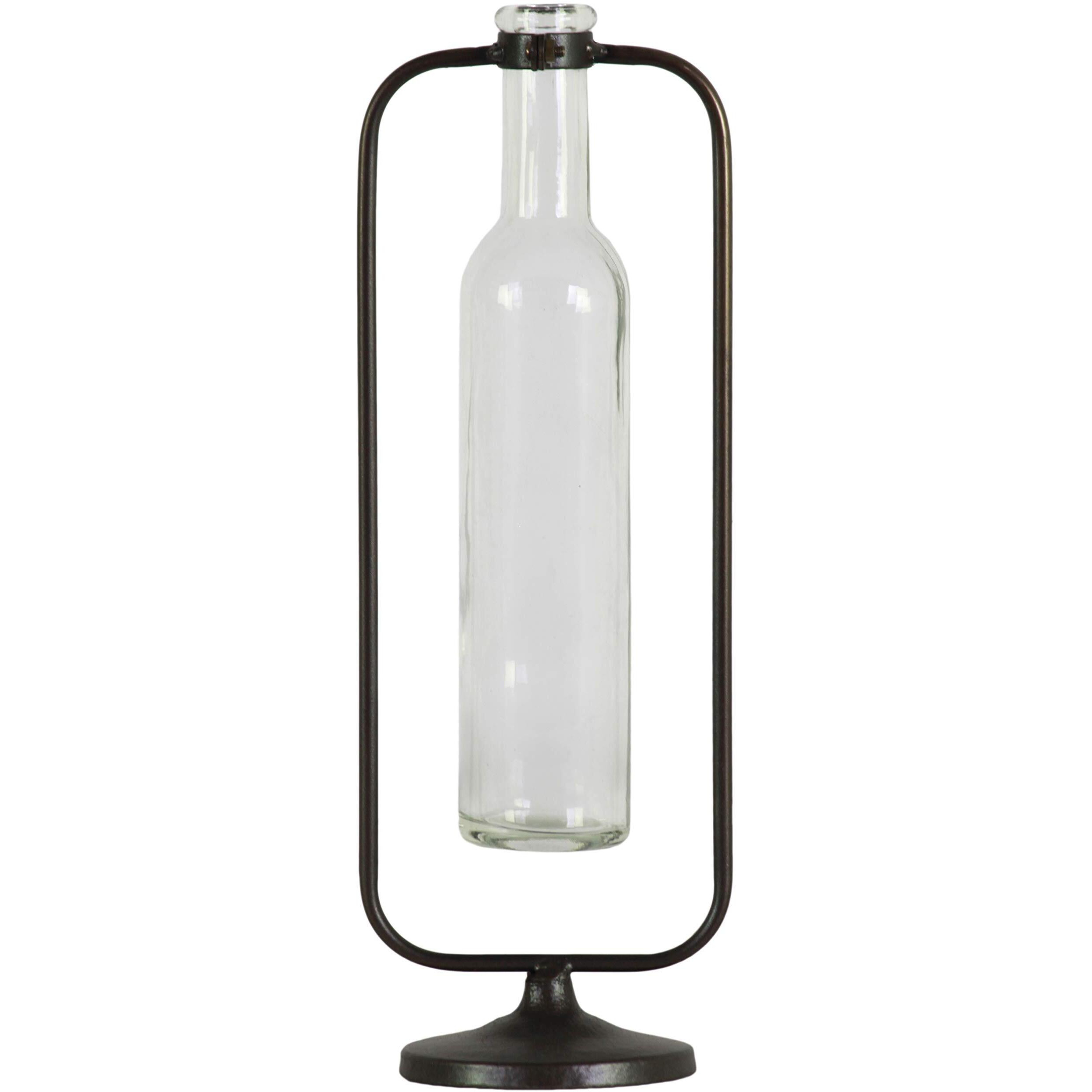Urban Trends collection 59229 Metal Hanging Bud Vase with Tall glass Bottle Vase on Round Base  Metallic gunmetal gray