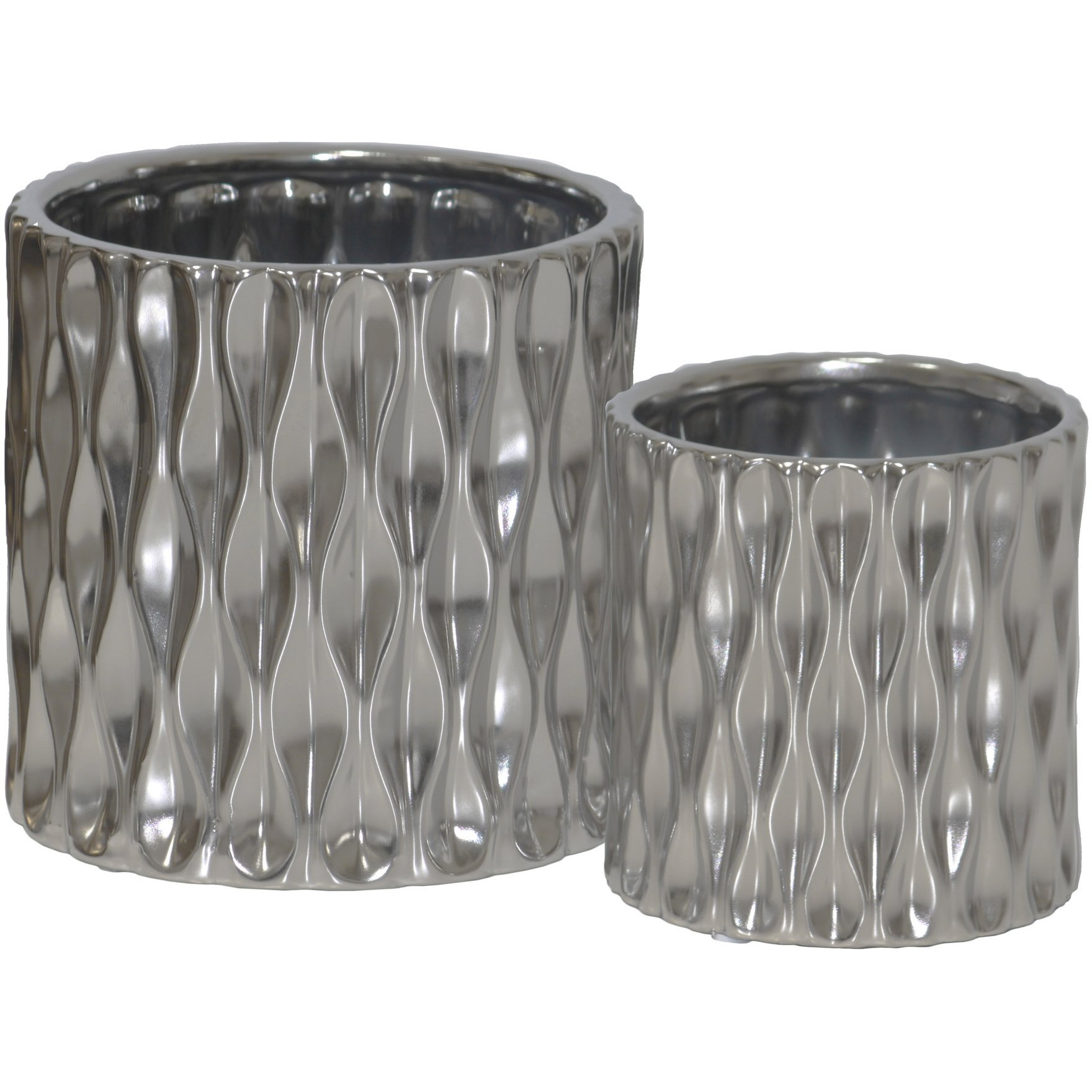 Urban Trends collection 45914 ceramic cylindrical Pot with Wide Mouth & Embossed Wave Design Body  Silver - Set of 2