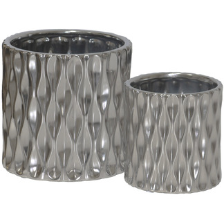 Urban Trends collection 45914 ceramic cylindrical Pot with Wide Mouth & Embossed Wave Design Body  Silver - Set of 2