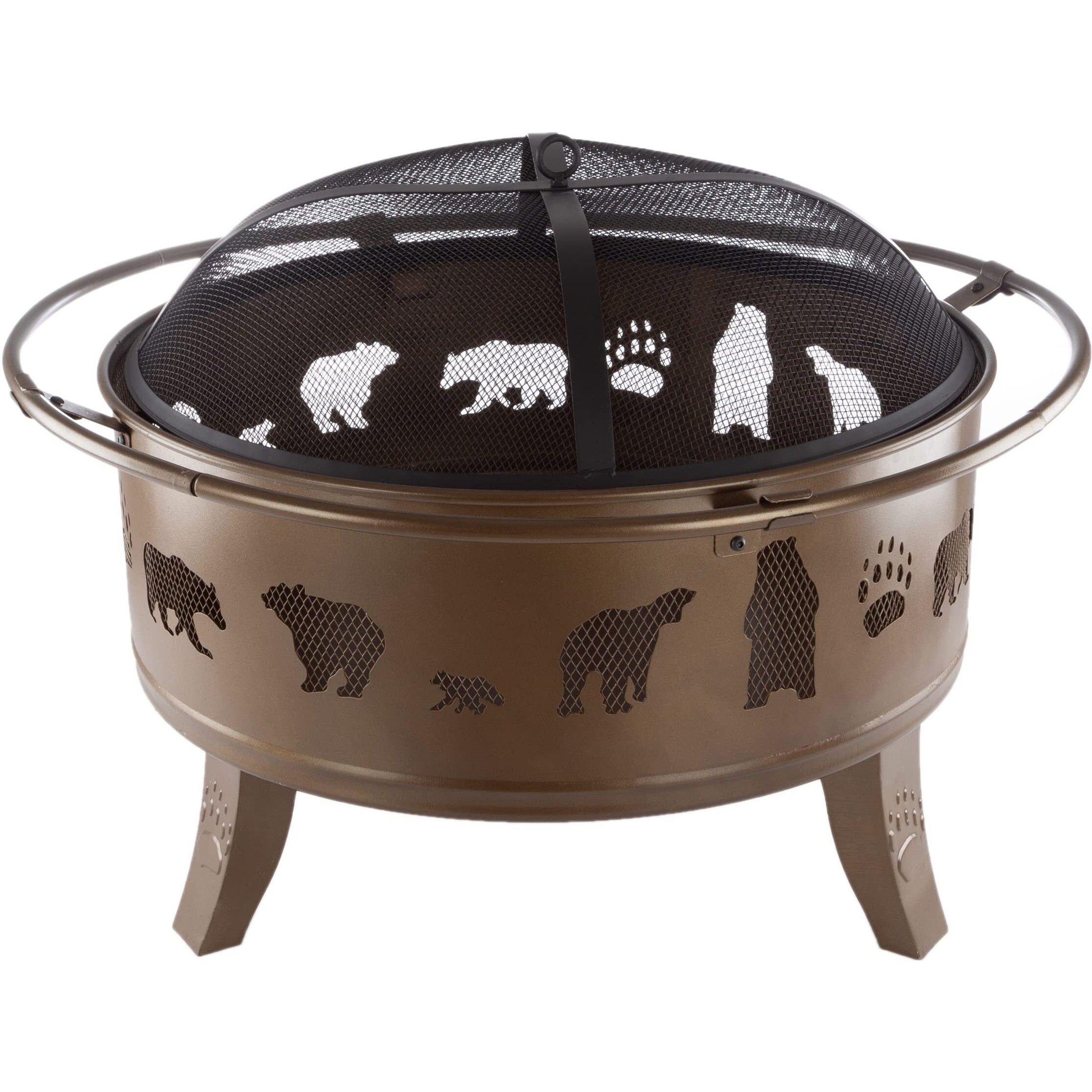 Pure garden 50-Lg1202 32 in Outdoor Deep Fire Pit Steel Bowl with Bear cutouts  Antique gold