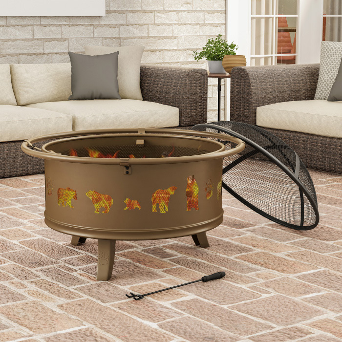 Pure garden 50-Lg1202 32 in Outdoor Deep Fire Pit Steel Bowl with Bear cutouts  Antique gold
