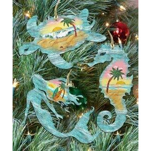 gDeBrekht 8100045S3 coastal Wooden Ornaments Includes Sea Turtle&44 Mermaid & Seahorse Wall Decor Set - Set of 3