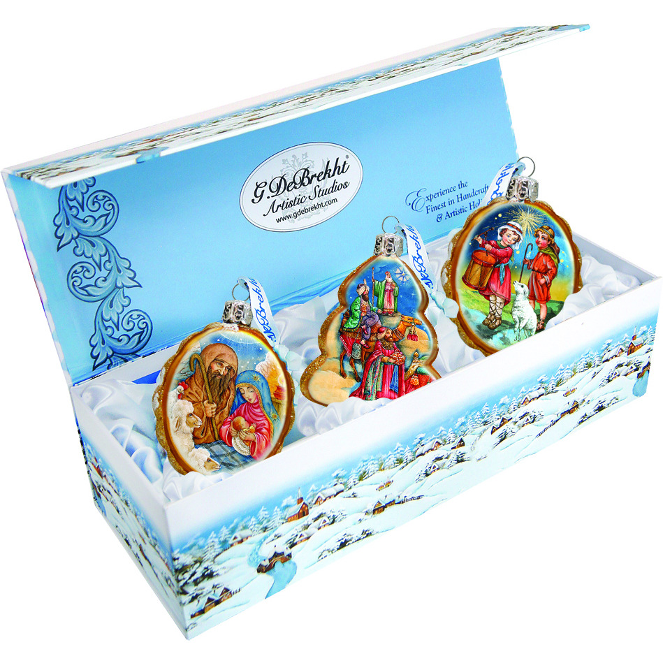 gDeBrekht 770121S3 golden Nativity glass Ornaments - Set of 3