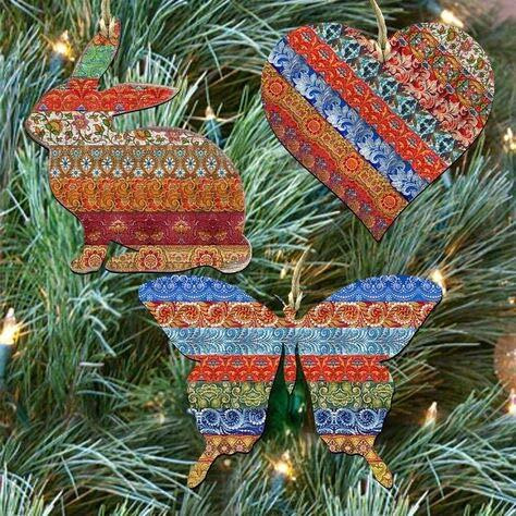 gDeBrekht 8100027S3 Bunny&44 Heart & Butterfly Quilted Wooden Ornaments - Set of 3