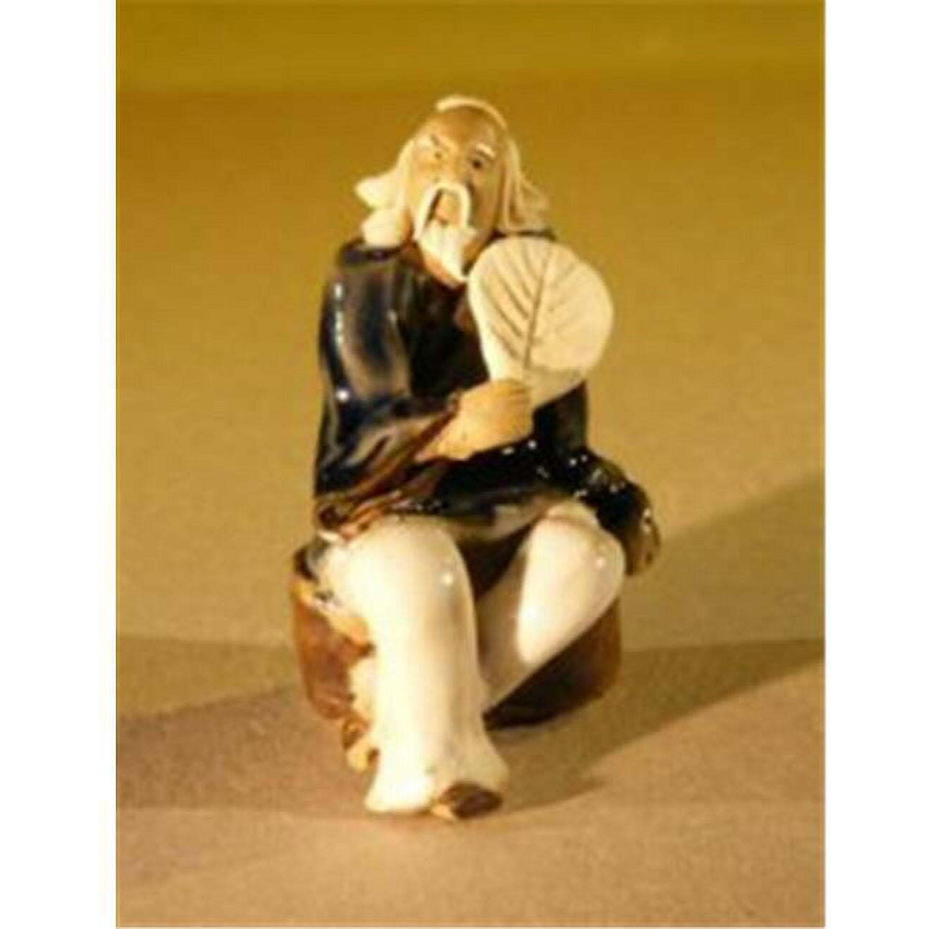 Bonsai Boy e2717 Miniature Figurine - Man Holding a Fan Sitting on a Rock  Blue