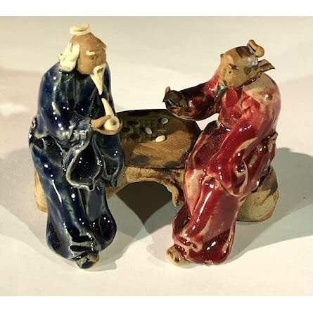 Bonsai Boy e3397 3 in ceramic Figurine - Two Men Sitting On A Bench Playing chess&44 Blue & Red