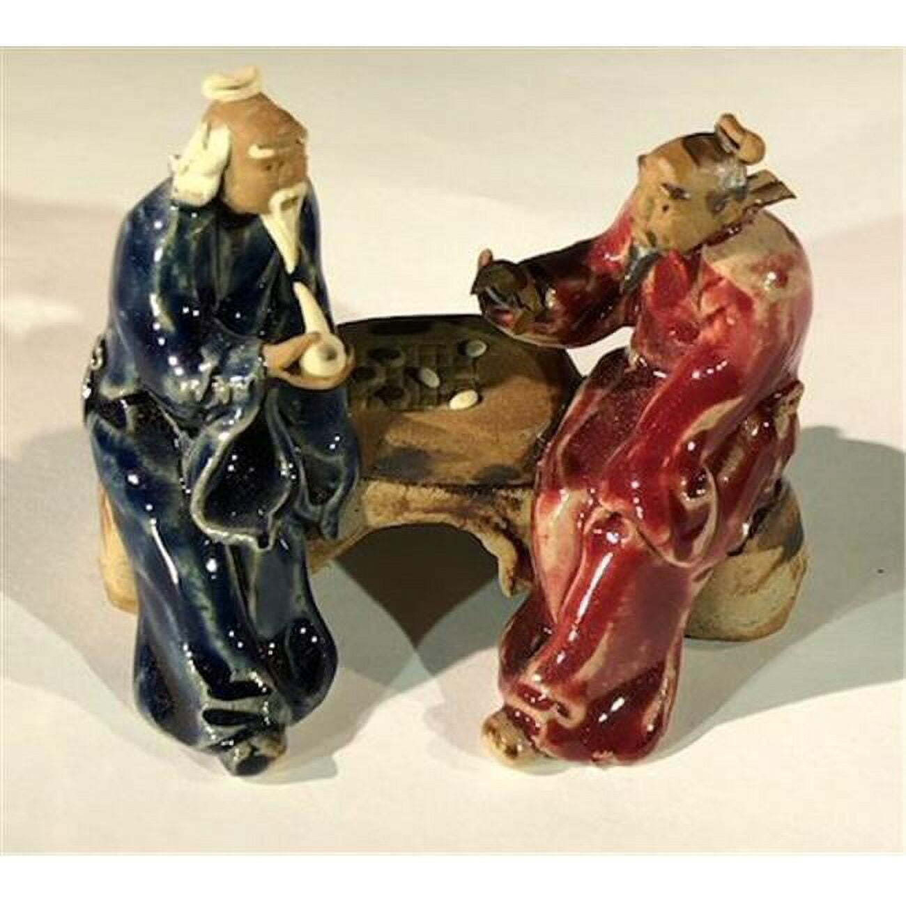 Bonsai Boy e3397 3 in ceramic Figurine - Two Men Sitting On A Bench Playing chess&44 Blue & Red