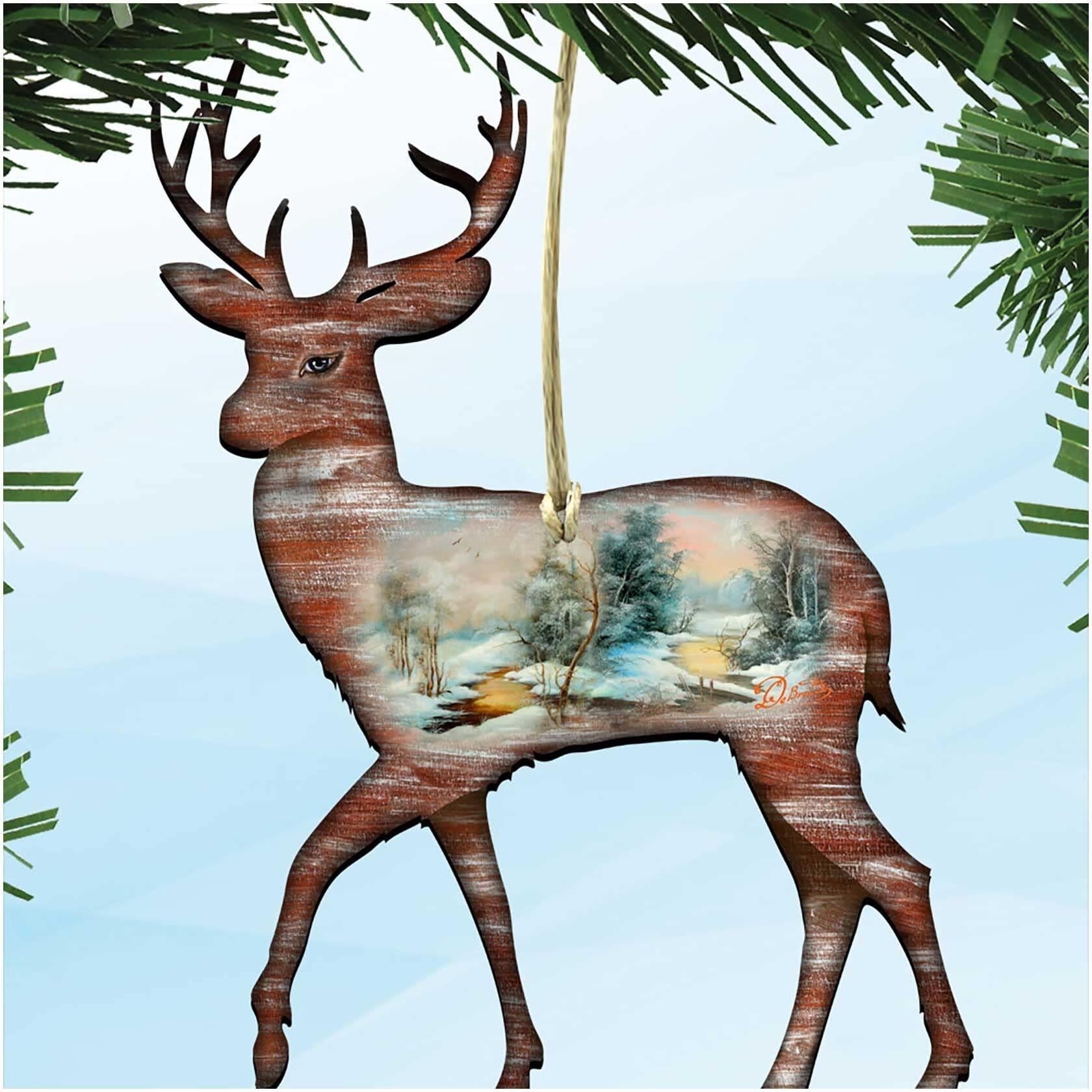 gDeBrekht 8198211 Deer Scenic Wooden Ornament Set of 2