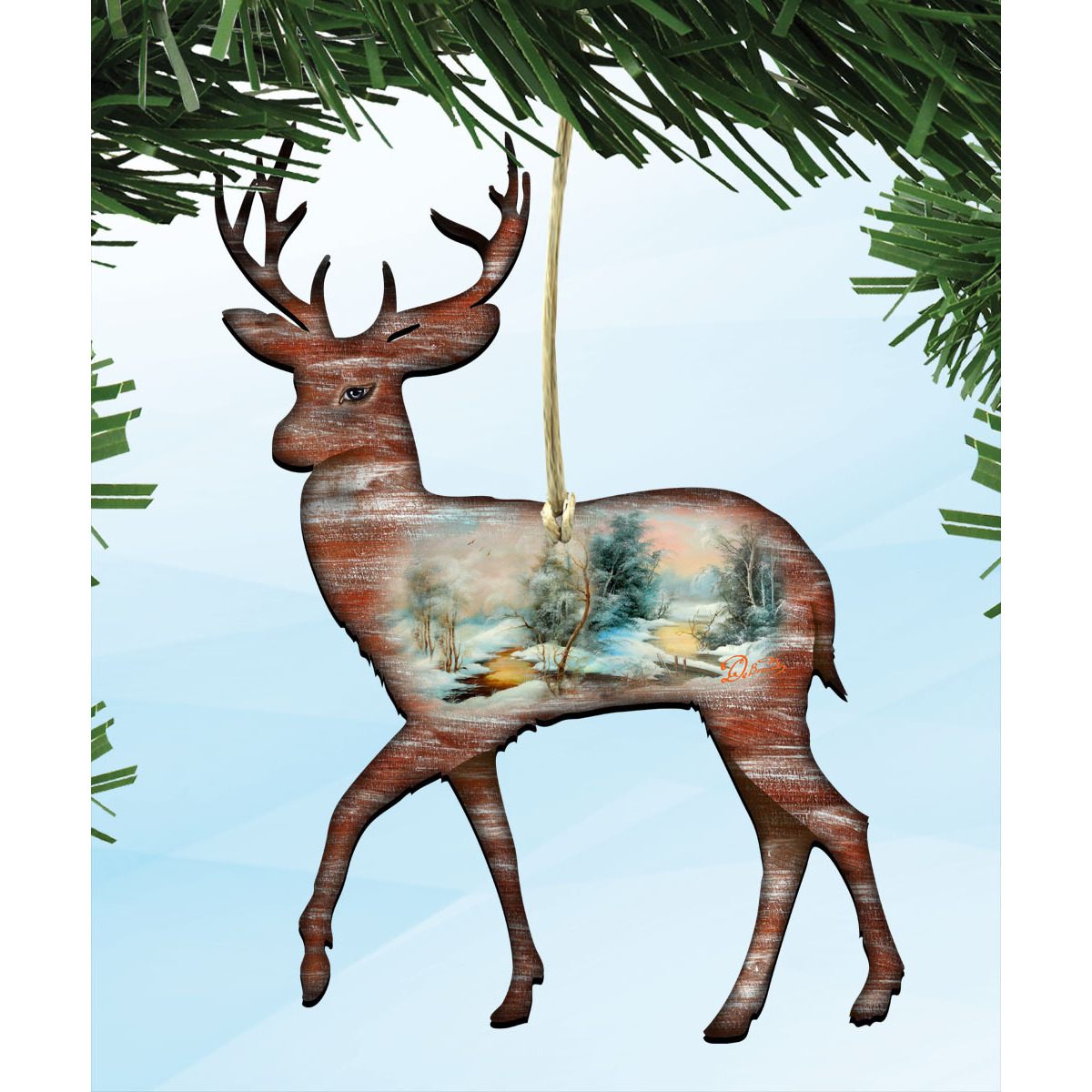 gDeBrekht 8198211 Deer Scenic Wooden Ornament Set of 2