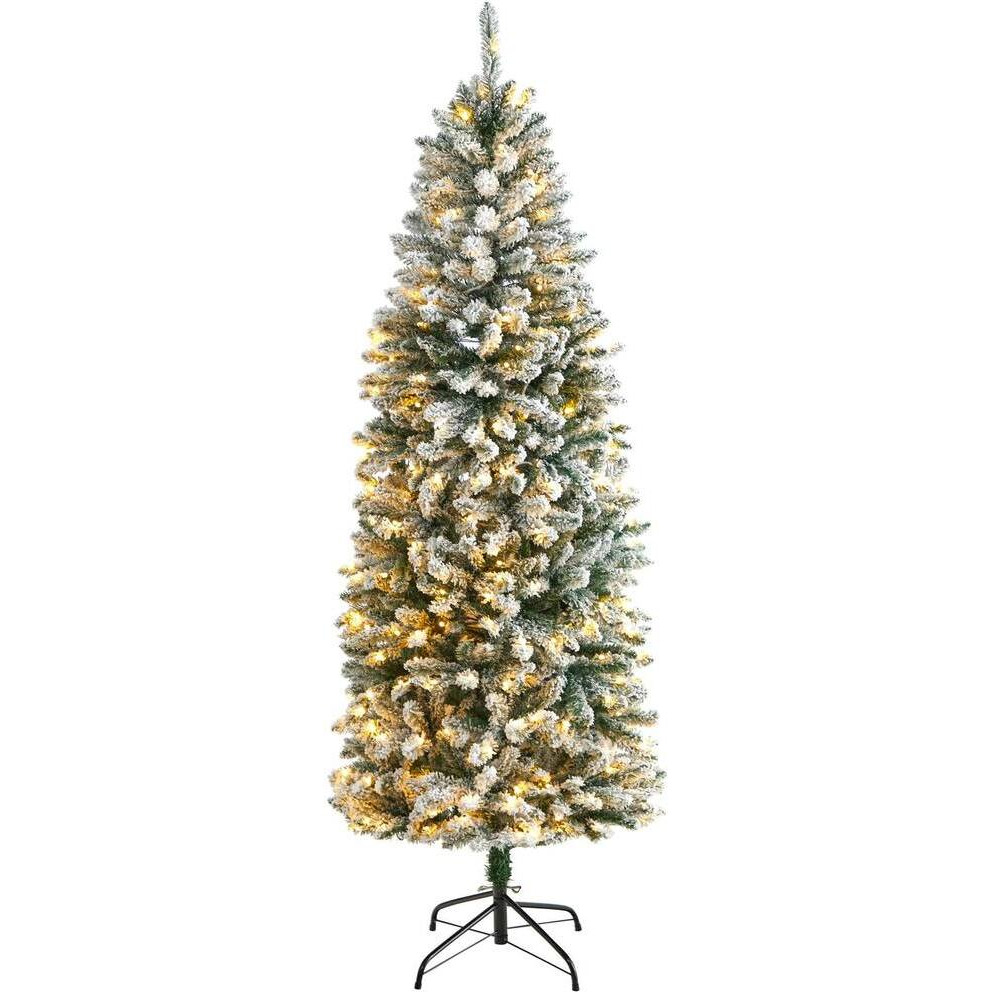 Nearly Natural T3310 6 ft Slim Flocked Montreal Fir Artificial christmas Tree with 250 Warm White LED Lights & 743 Bendable Branches