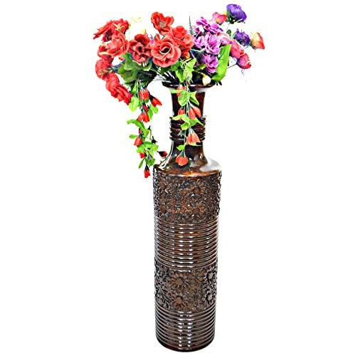 Uniquewise QI004009 9 x 36 in Round Antique Decorative Wood Mango Floor Flower Vase with Unique Textured Pattern  Brown