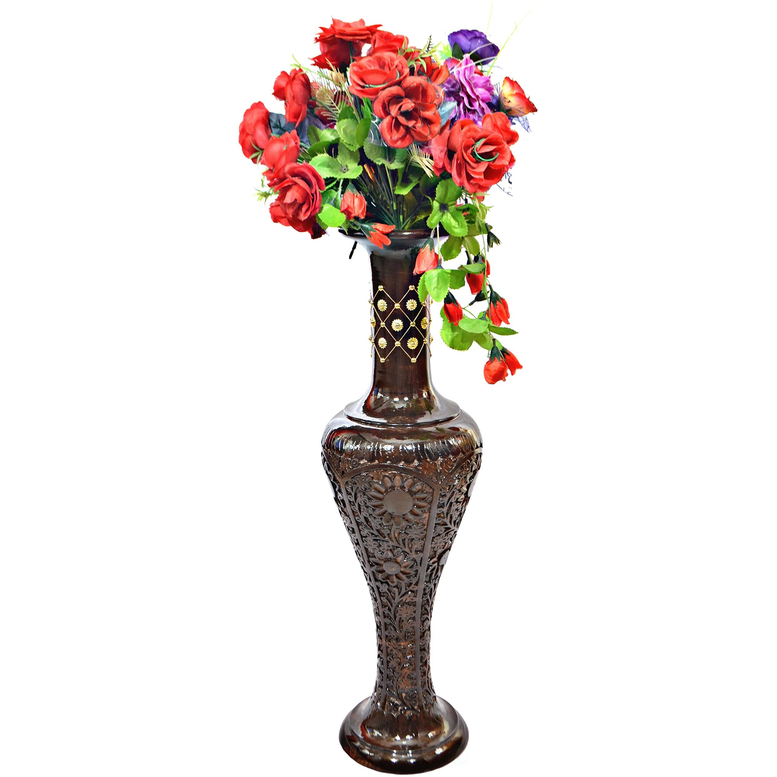 Uniquewise QI004011 9 x 30 in Round Antique Decorative Mango Wood Floor Flower Vase with Unique Textured Pattern  Brown