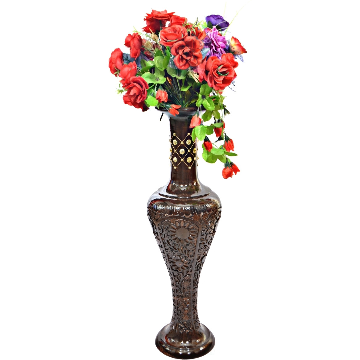 Uniquewise QI004011 9 x 30 in Round Antique Decorative Mango Wood Floor Flower Vase with Unique Textured Pattern  Brown