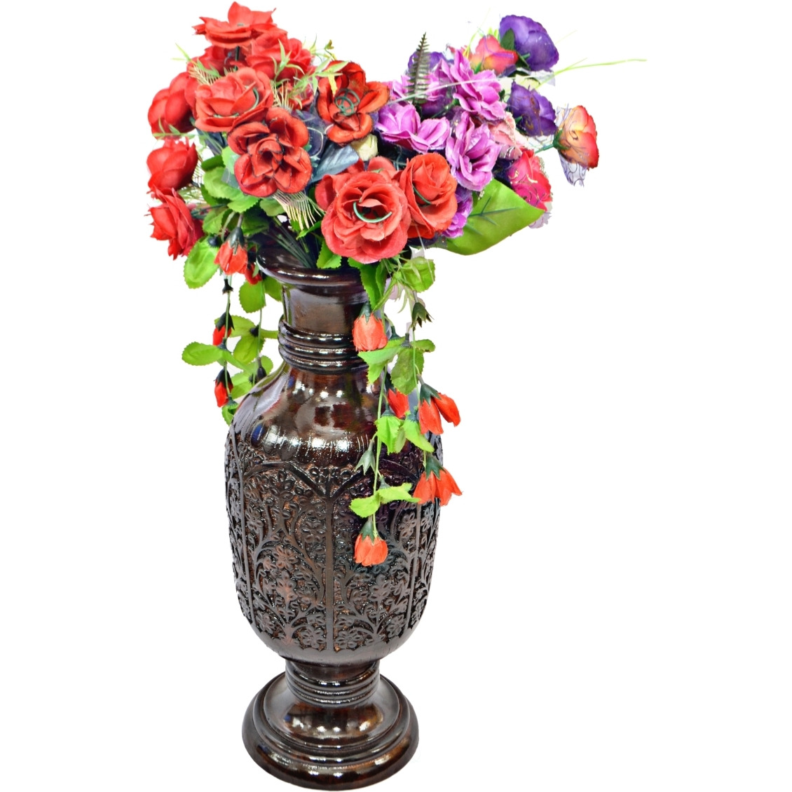 Uniquewise QI004008 9 x 24 in Round Antique Decorative Mango Wood Table Flower Vase with Unique Textured Pattern  Brown