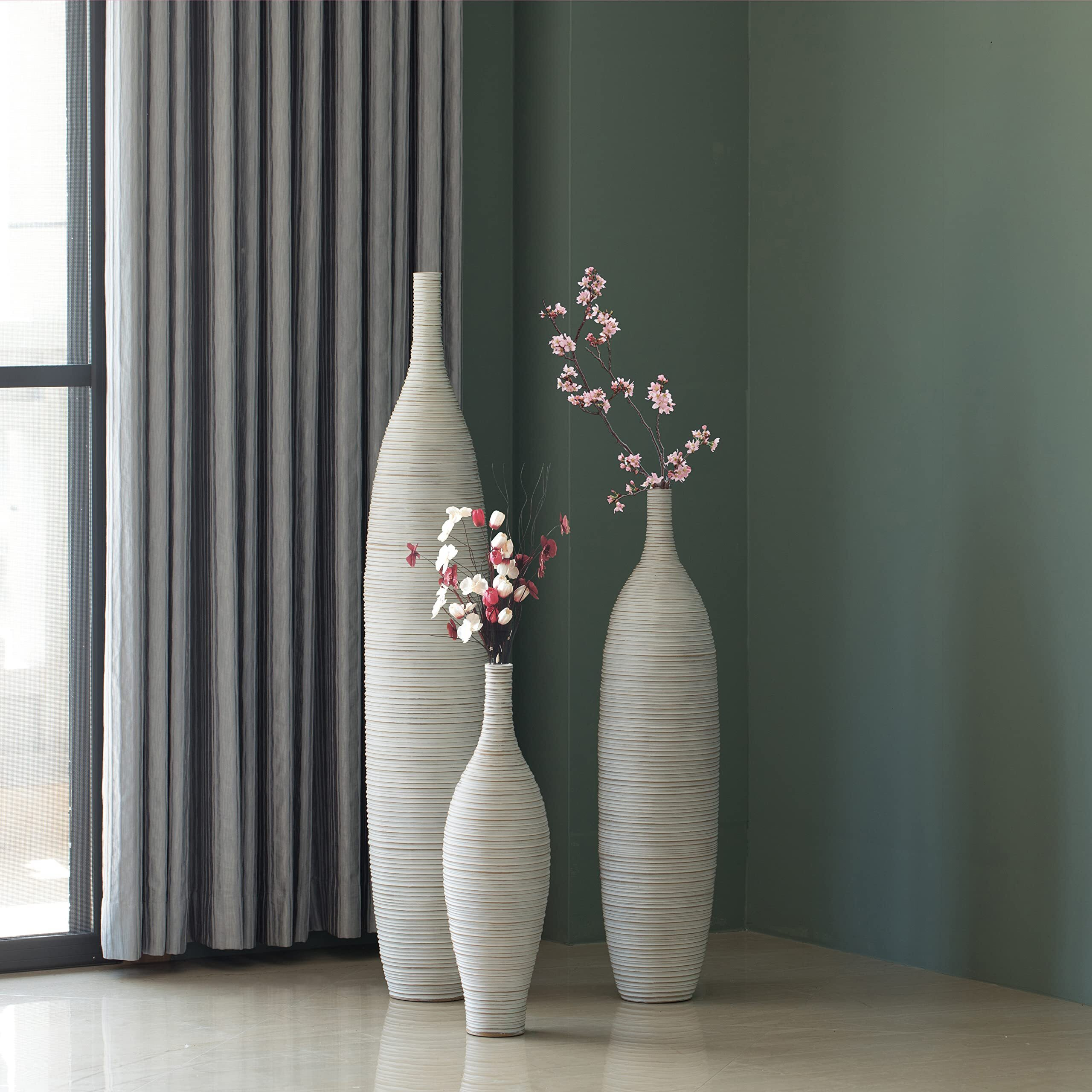 Uniquewise QI0041773 8 x 48 in Modern Decorative Bottle Shape Floor Vase Ribbed Design&44 White - Set of 3