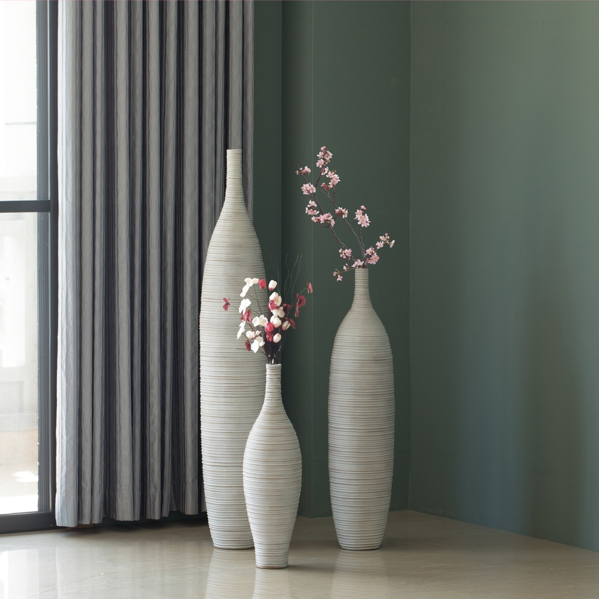 Uniquewise QI0041773 8 x 48 in Modern Decorative Bottle Shape Floor Vase Ribbed Design&44 White - Set of 3