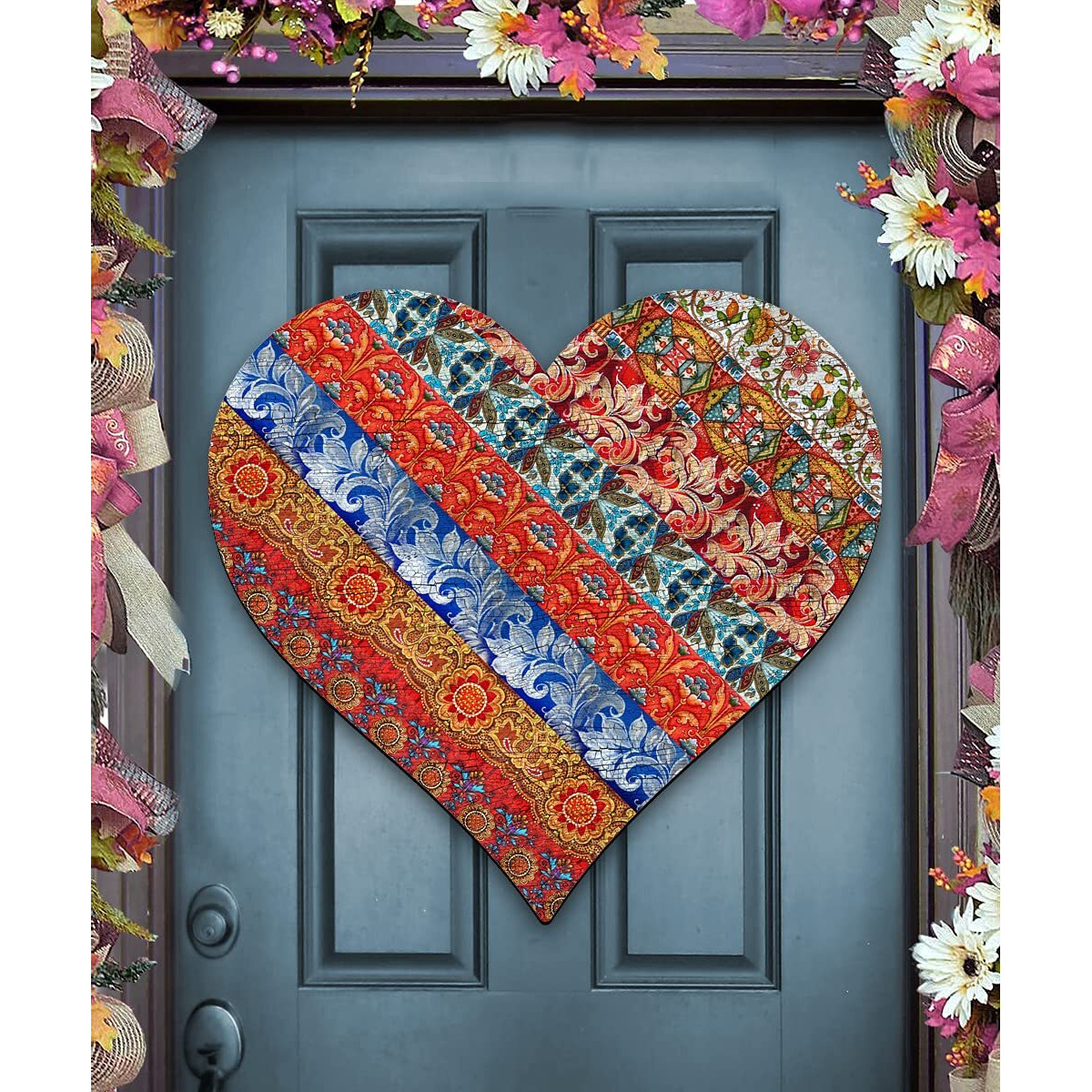 8198736 Quilted Hart Wooden Ornament Set of 2