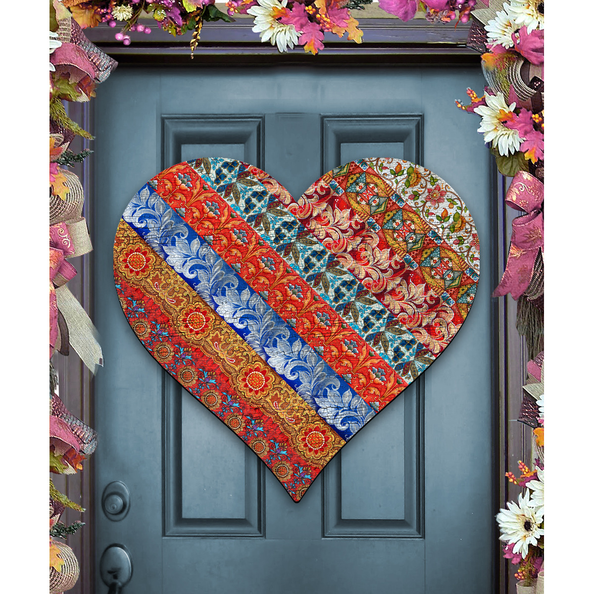 8198736 Quilted Hart Wooden Ornament Set of 2