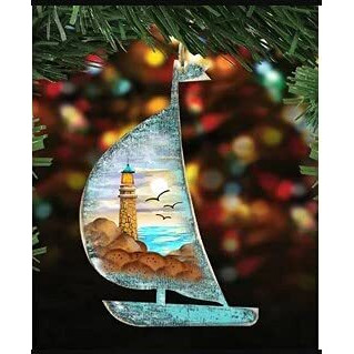 8198524 Lighthouse Scenic Boat Scenic Wooden christmas Ornament Set of 2