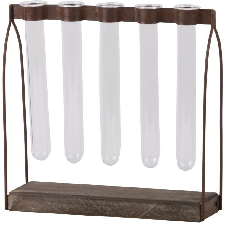 Metal clustered Hanging Bud Vase Holder with 5 glass Tube Vases on Rectangular Wood Base Tarnished Finish - Brown