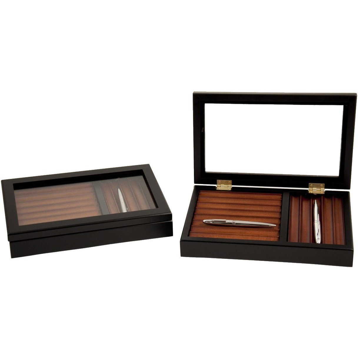 Bey-Berk International R72 Pen Box with Hinged glass Top  Black & Burgundy Wood