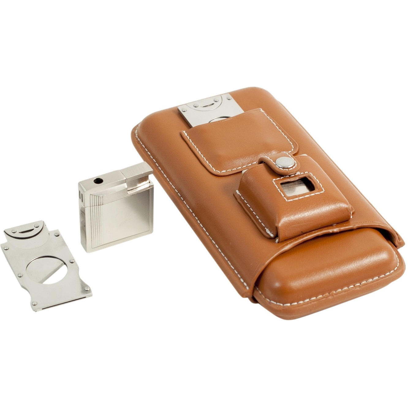 Bey-Berk International c243N Leather Three cigar Holder with Stainless Steel cutter & Lighter  Tan