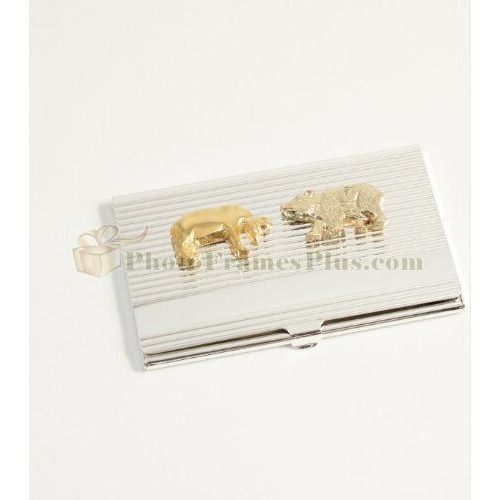 Bey-Berk International D261B Silver Plated Business card case with gold Plated Stock Market Emblem