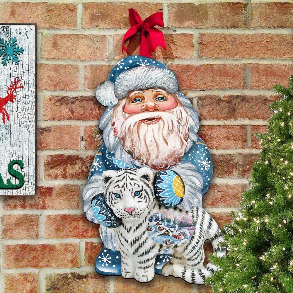 gDeBrekht 8118091M Wooden White Tiger Santa christmas Decorative Hanging or Freestanding Figurine for Home & garden