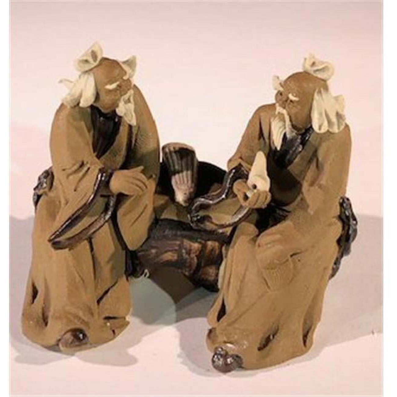 2 in ceramic Figurine - Two Mud Men Sitting On A Bench with Musical Instrument