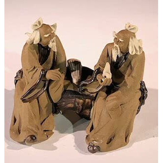 2 in ceramic Figurine - Two Mud Men Sitting On A Bench with Musical Instrument