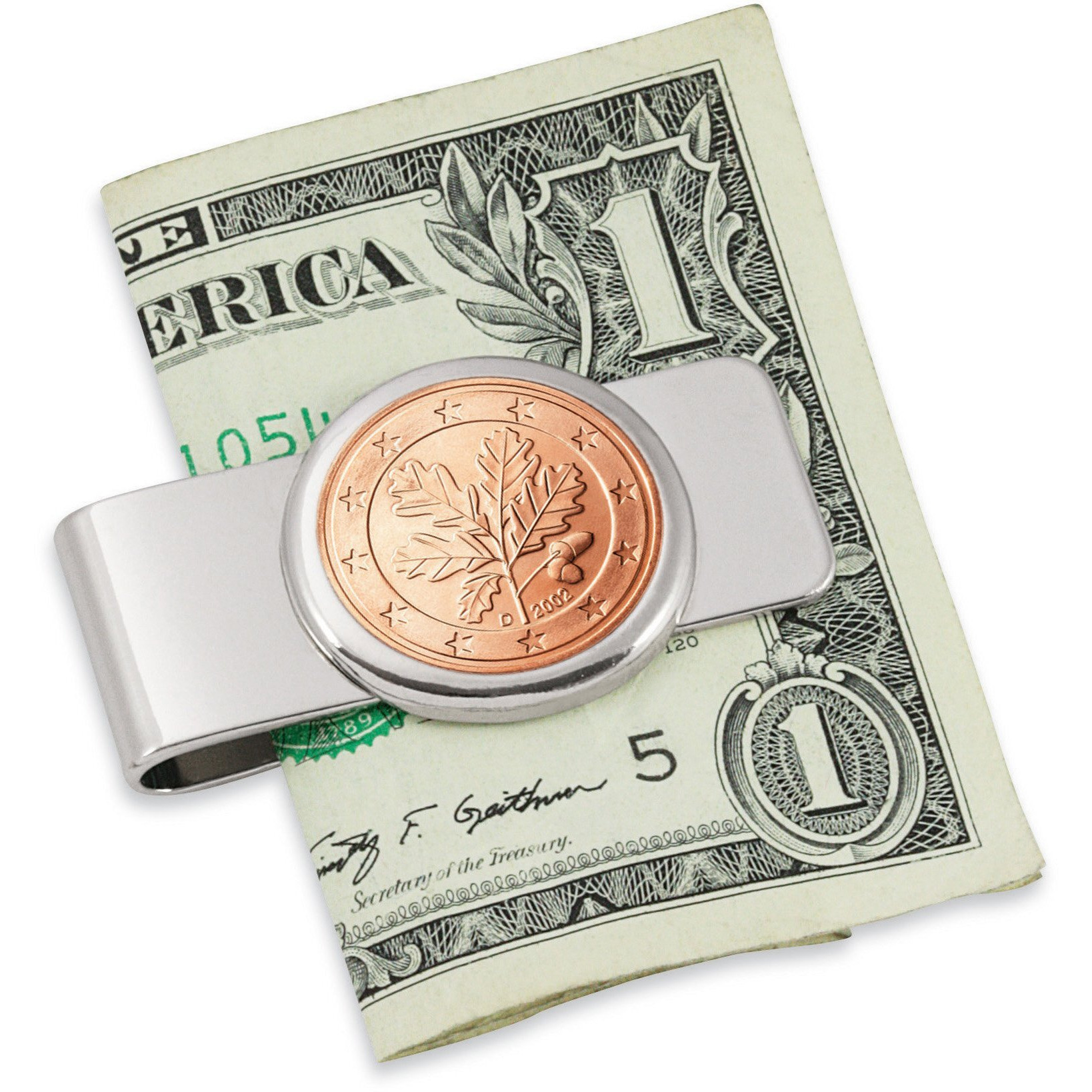 UPM global LLc 12532 german Oak Twig Five cent Euro coin Silvertone Money clip