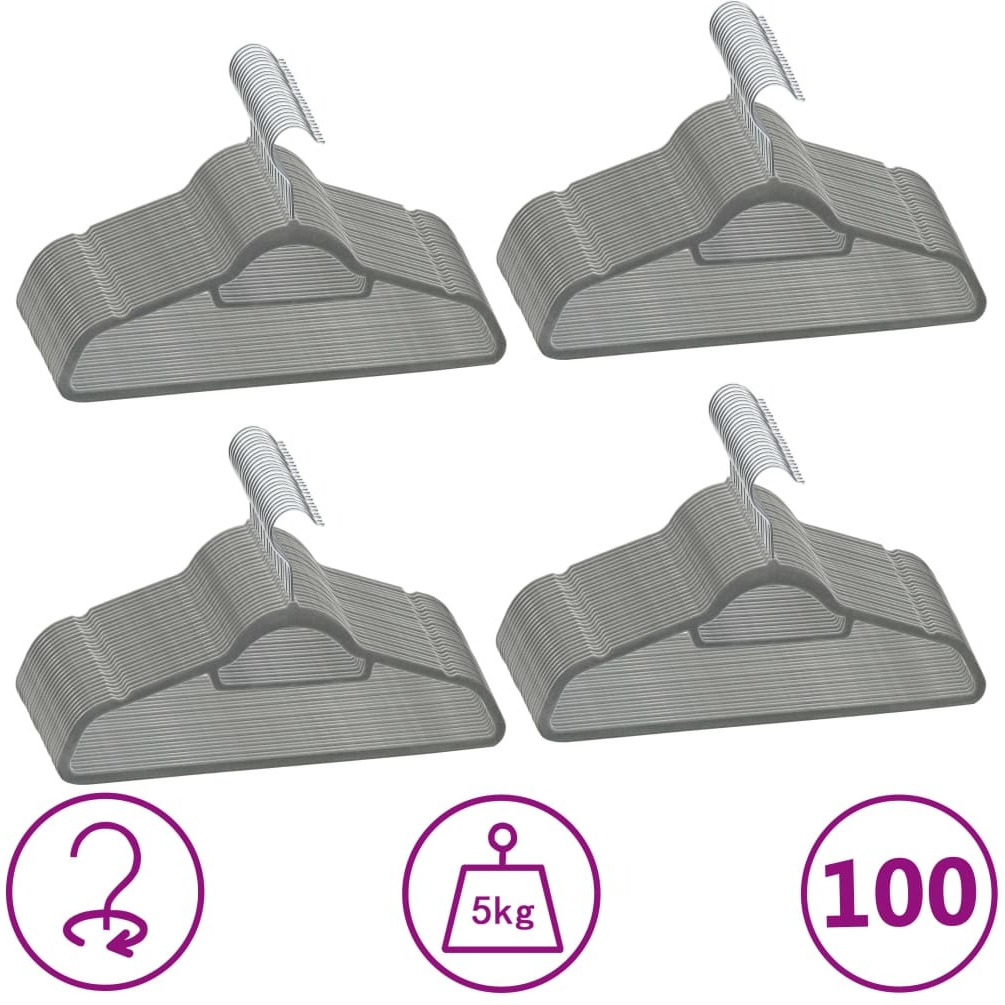 vidaXL 100 pcs Clothes Hanger Set Anti-slip Gray Velvet