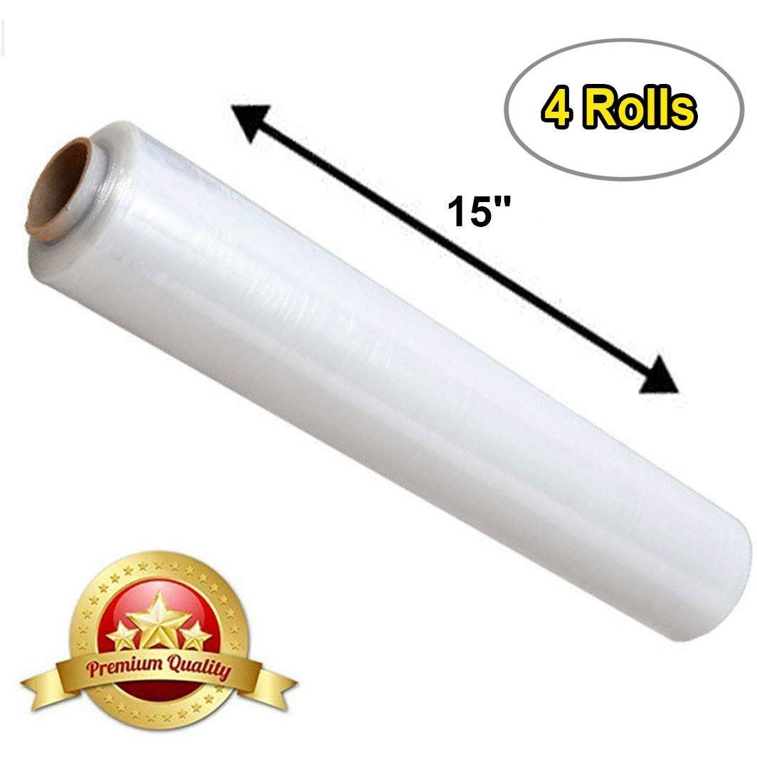 4 Rolls of Blown Hand Stretch Film 18 x 1500 clear Hand Stretch Wrap 90 gauge Tear Resistant Residue Free Film for Moving Shipping Wrapping Industrial grade Pallet Shrink Wrap Film(D0102HIZc0U)