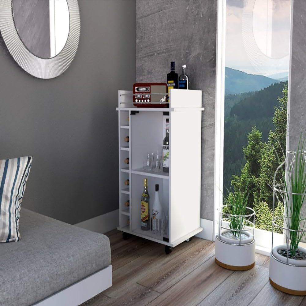 Bar cart Baltimore, Six Wine cubbies, glass Door, Four caster, Two Shelves, White Finish(D0102HgEMHW)