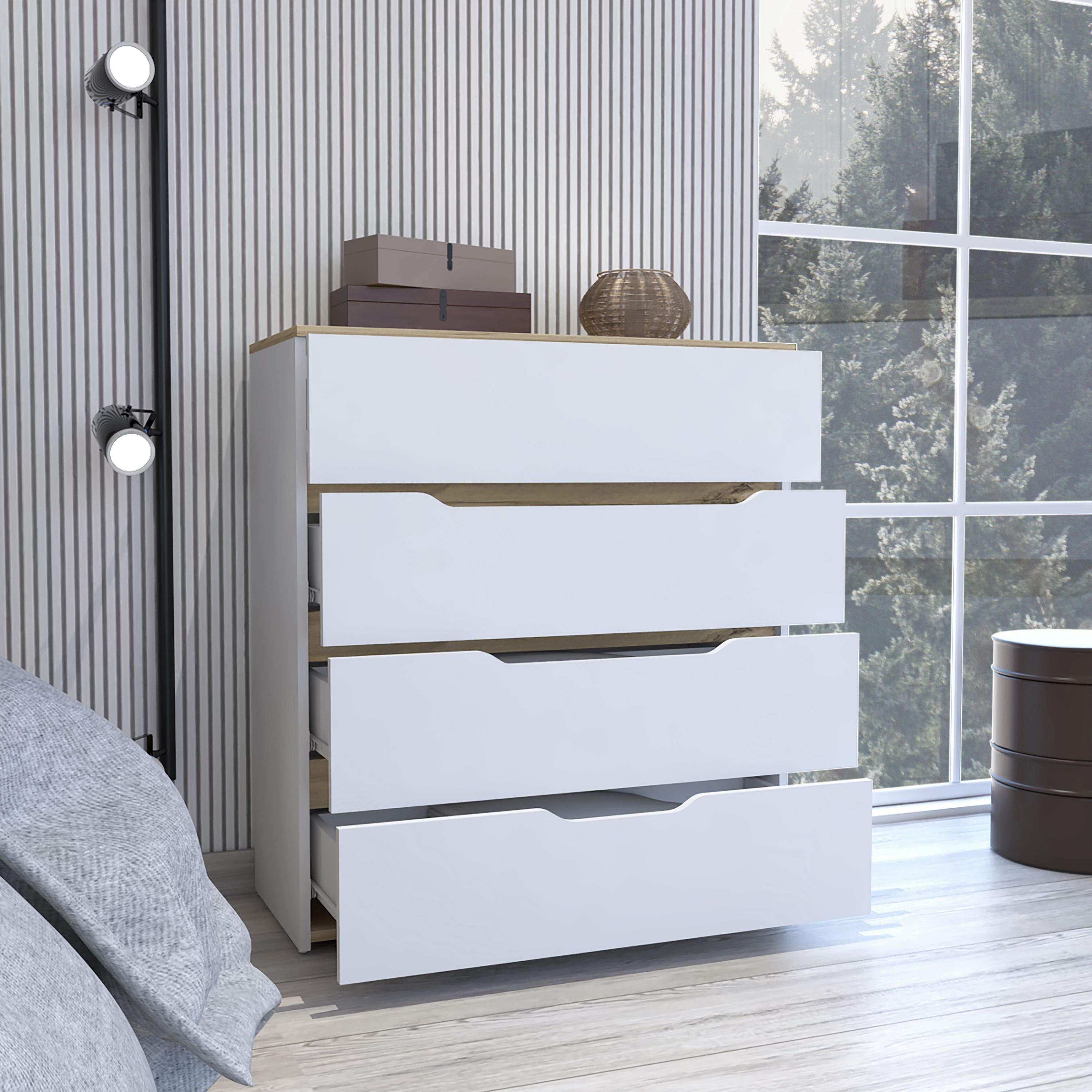 Lynbrook 4-Drawer Dresser White and Light Oak(D0102H76HT2)