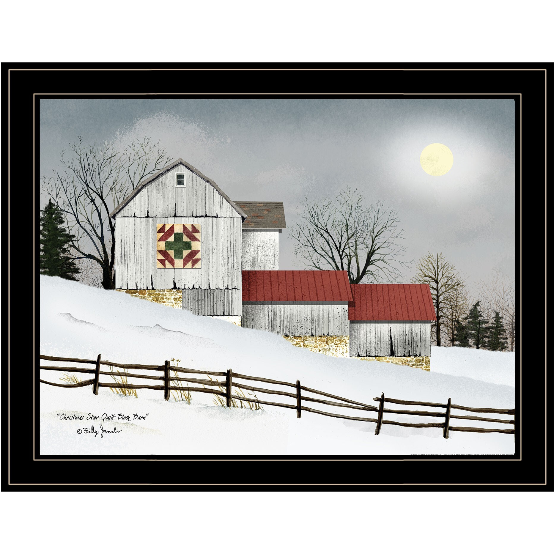 christmas Star Quilt Block Barn 2 Black Framed Print Wall Art