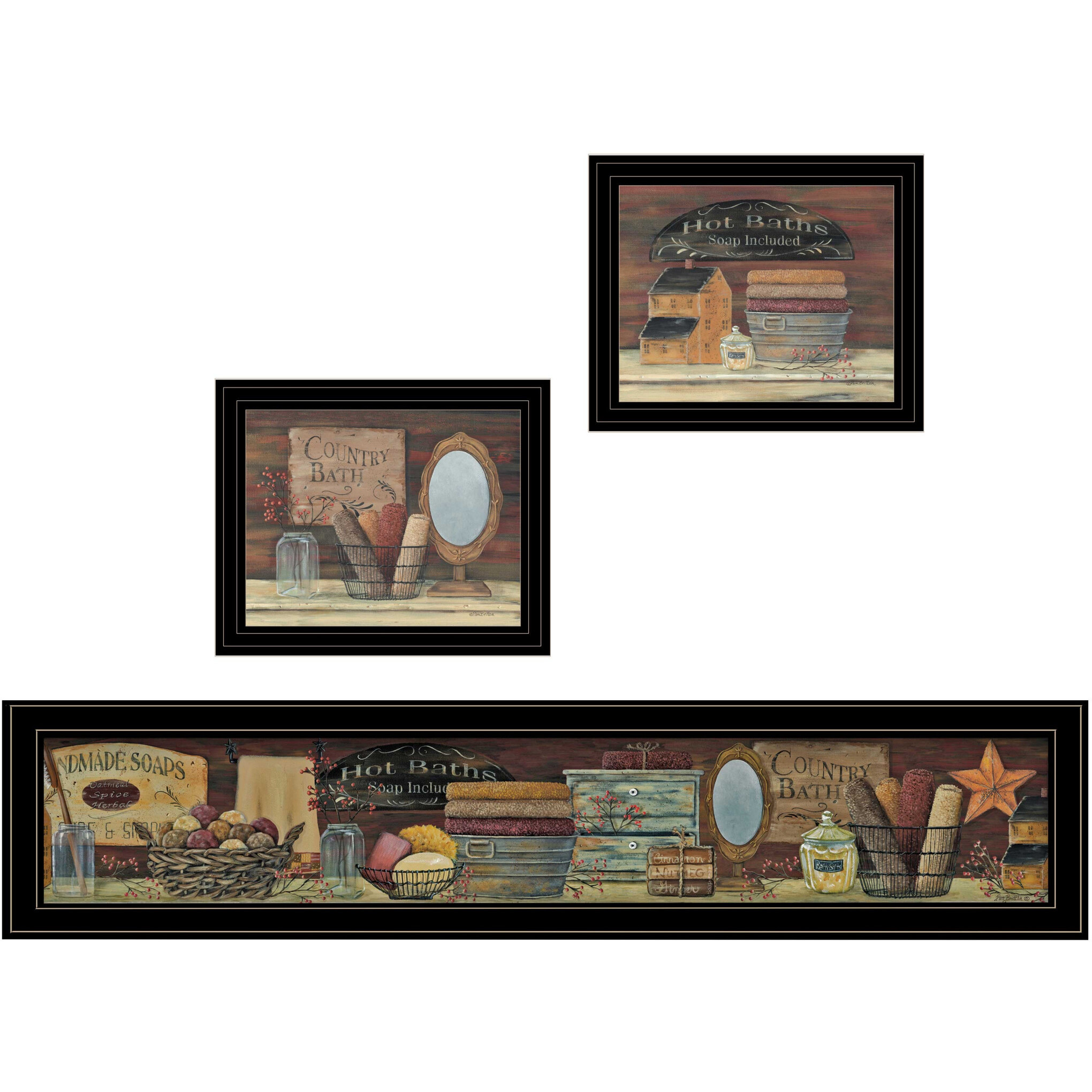 Set Of Three country Bath Black Framed Print Bathroom Wall Art