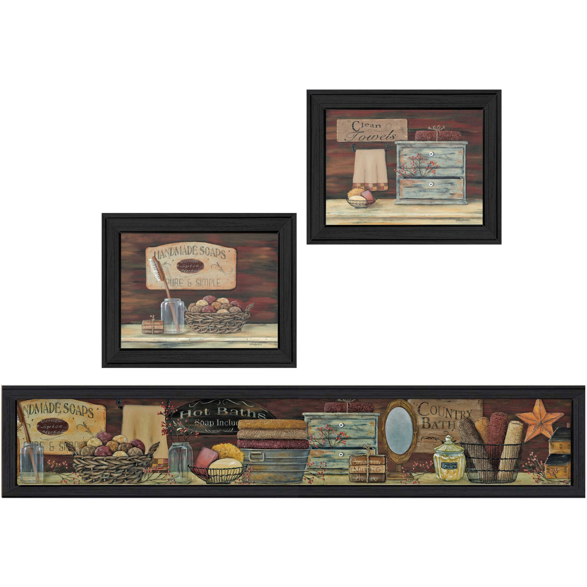 Set Of Three country Bath 1 Black Framed Print Bathroom Wall Art