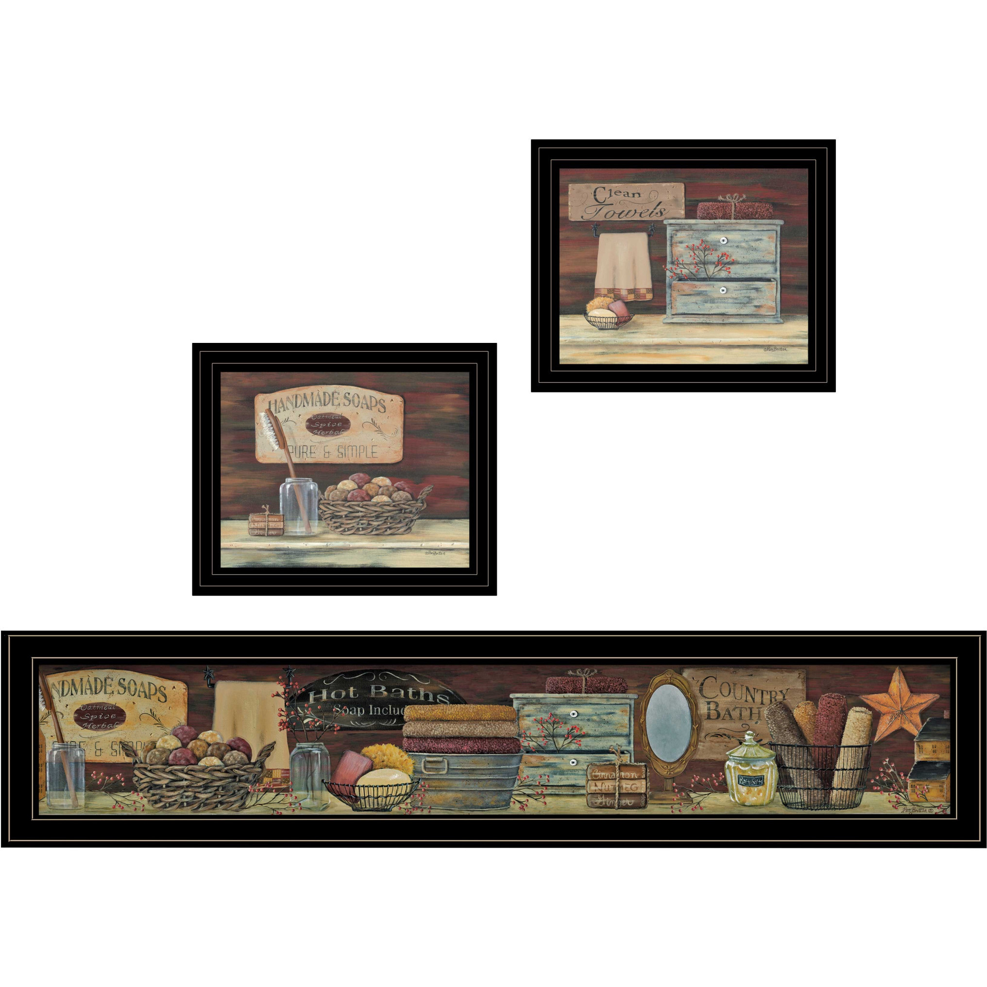 Set Of Three country Bath 8 Black Framed Print Bathroom Wall Art
