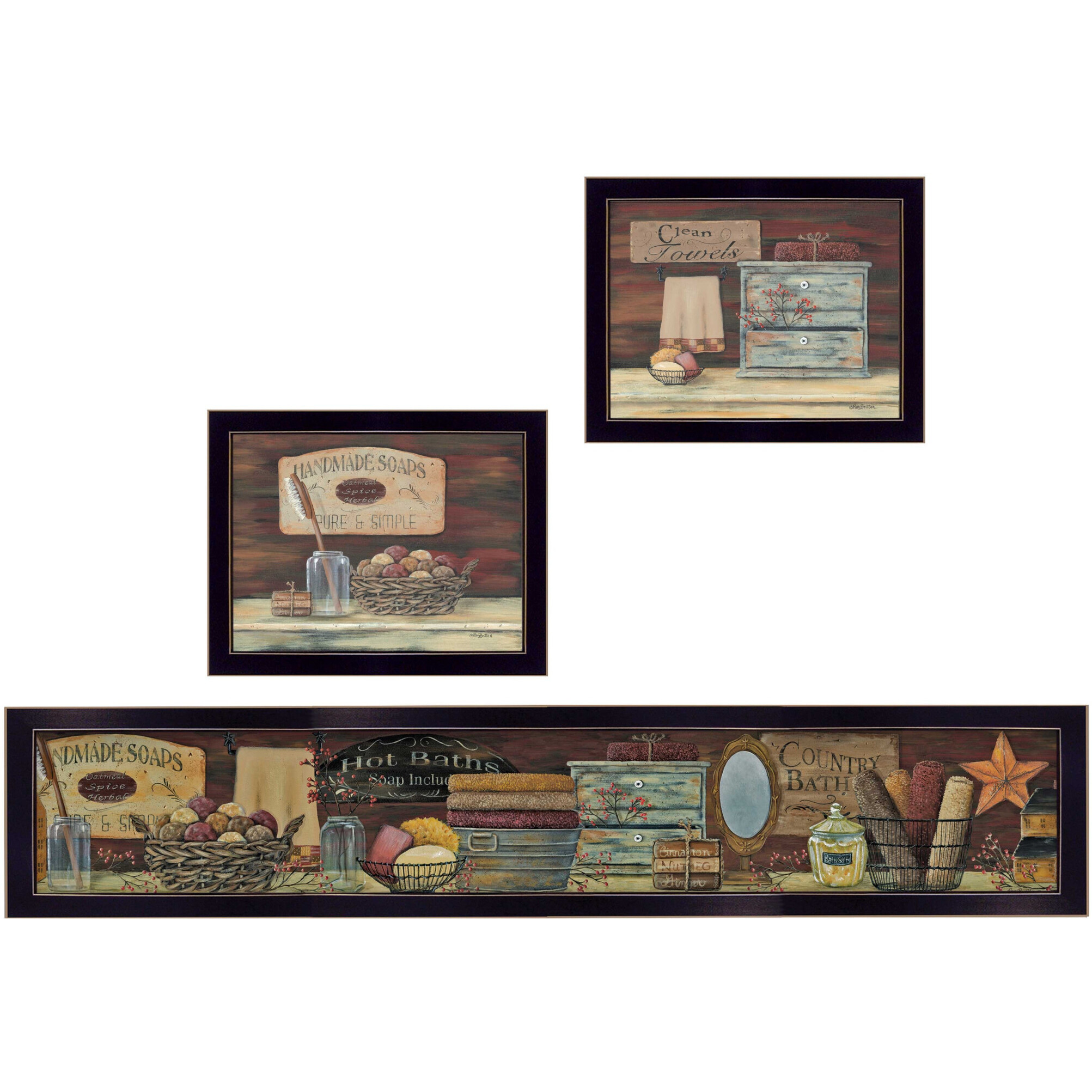 Set Of Three country Bath 9 Black Framed Print Bathroom Wall Art