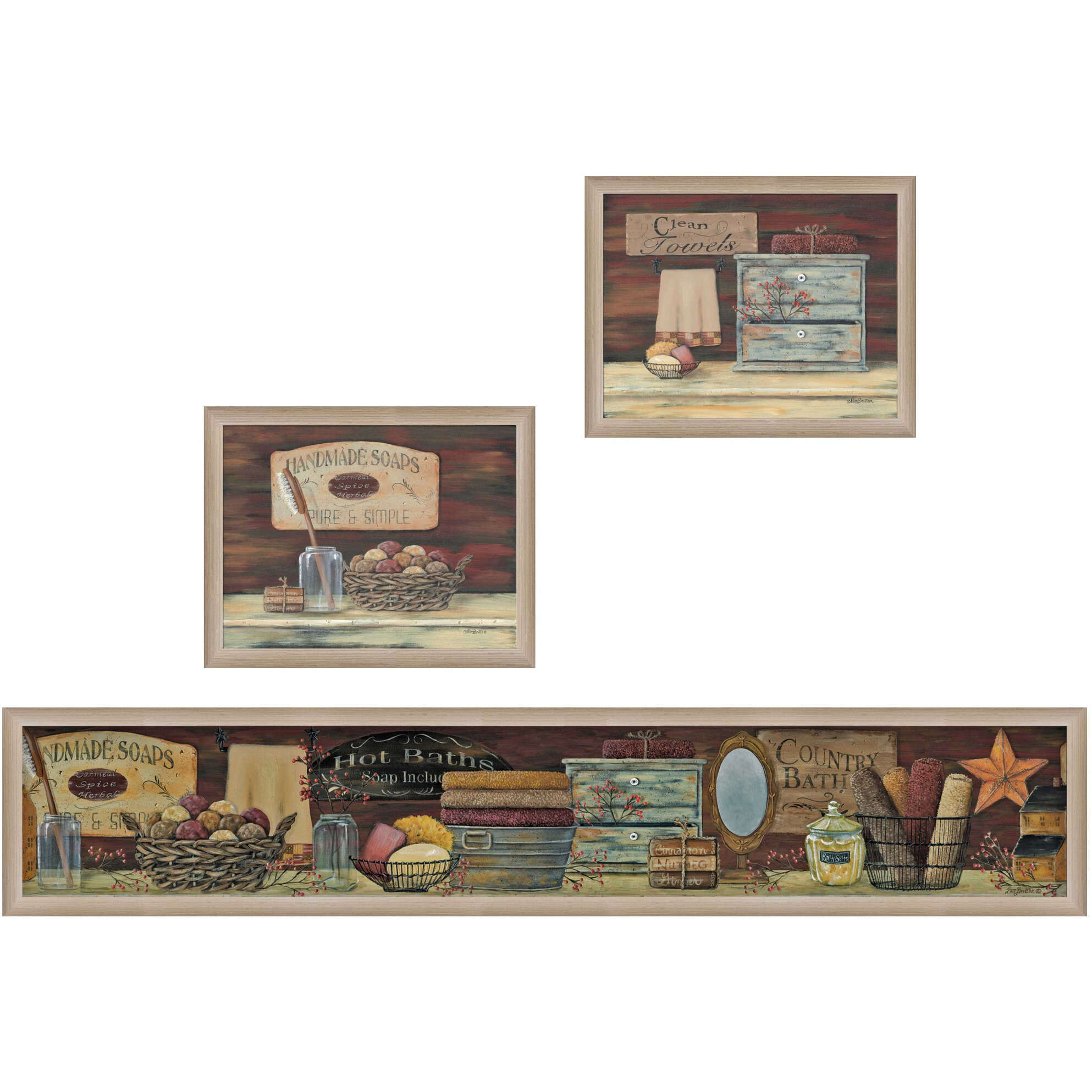 Set Of Three country Bath 2 Brown Framed Print Bathroom Wall Art
