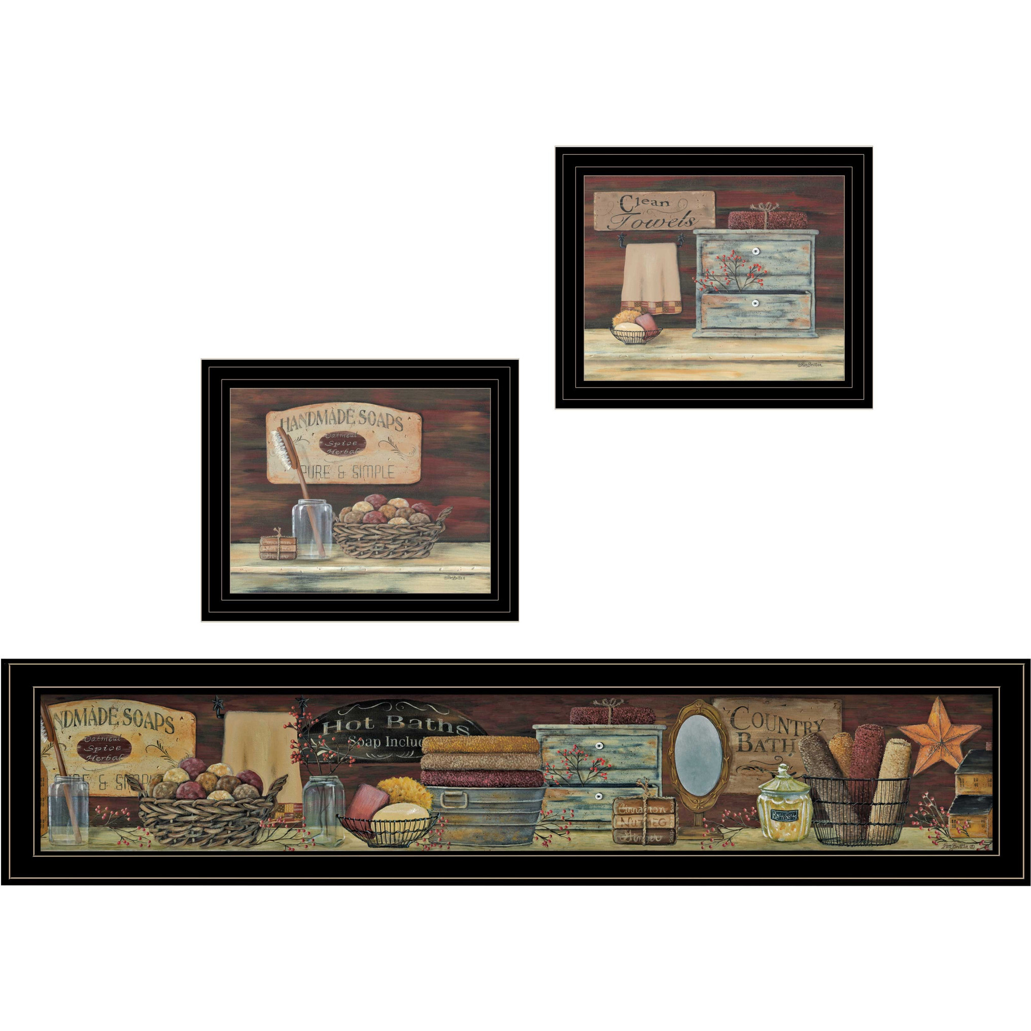 Set Of Three country Bath 2 Black Framed Print Bathroom Wall Art
