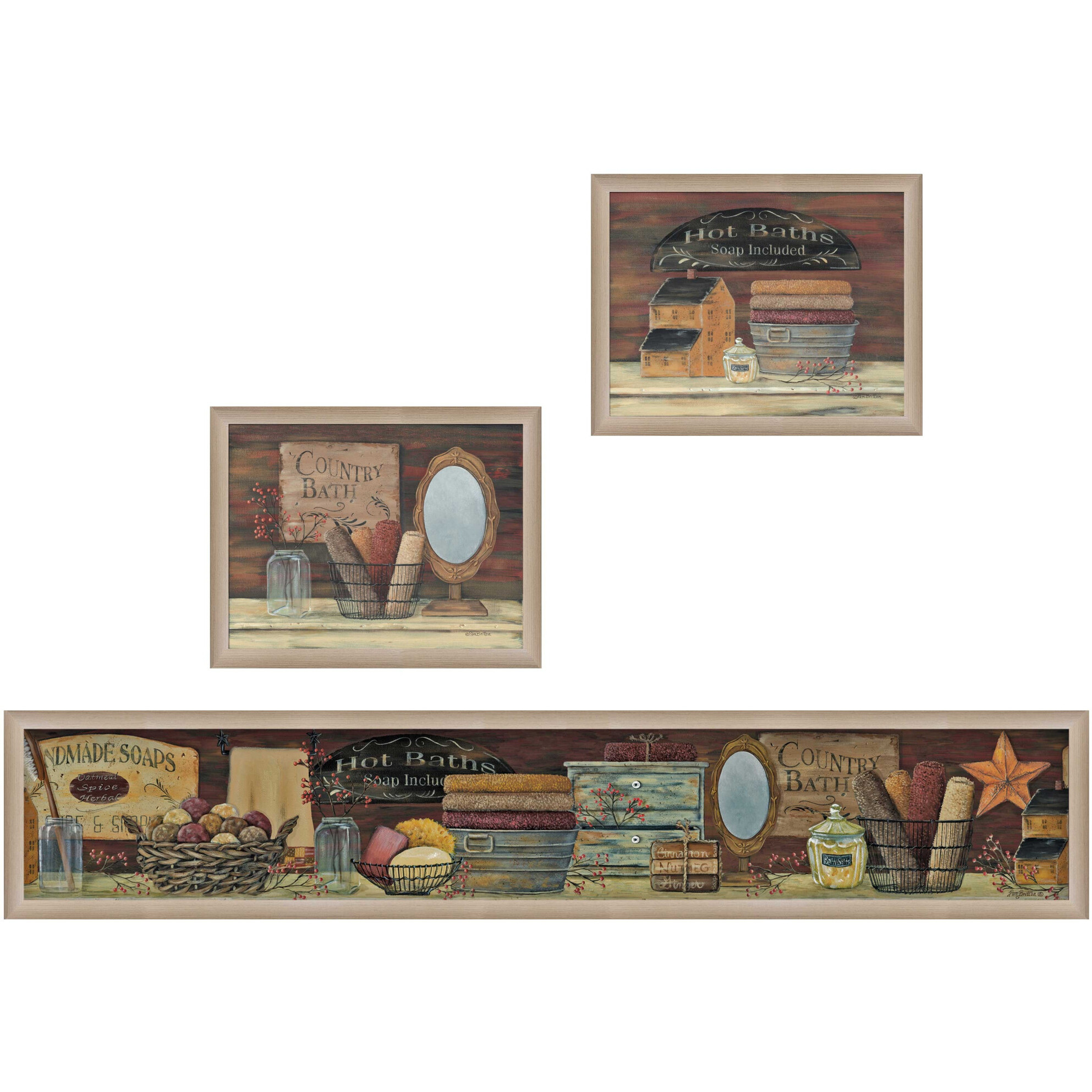Set Of Three country Bath 2 Brown Framed Print Bathroom Wall Art