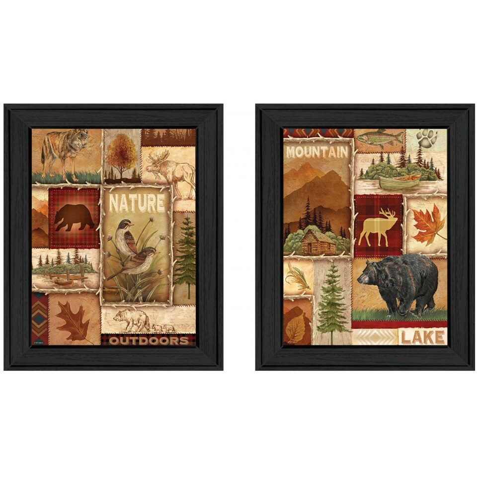 Set Of Two Lodge collage Black Framed Print Wall Art