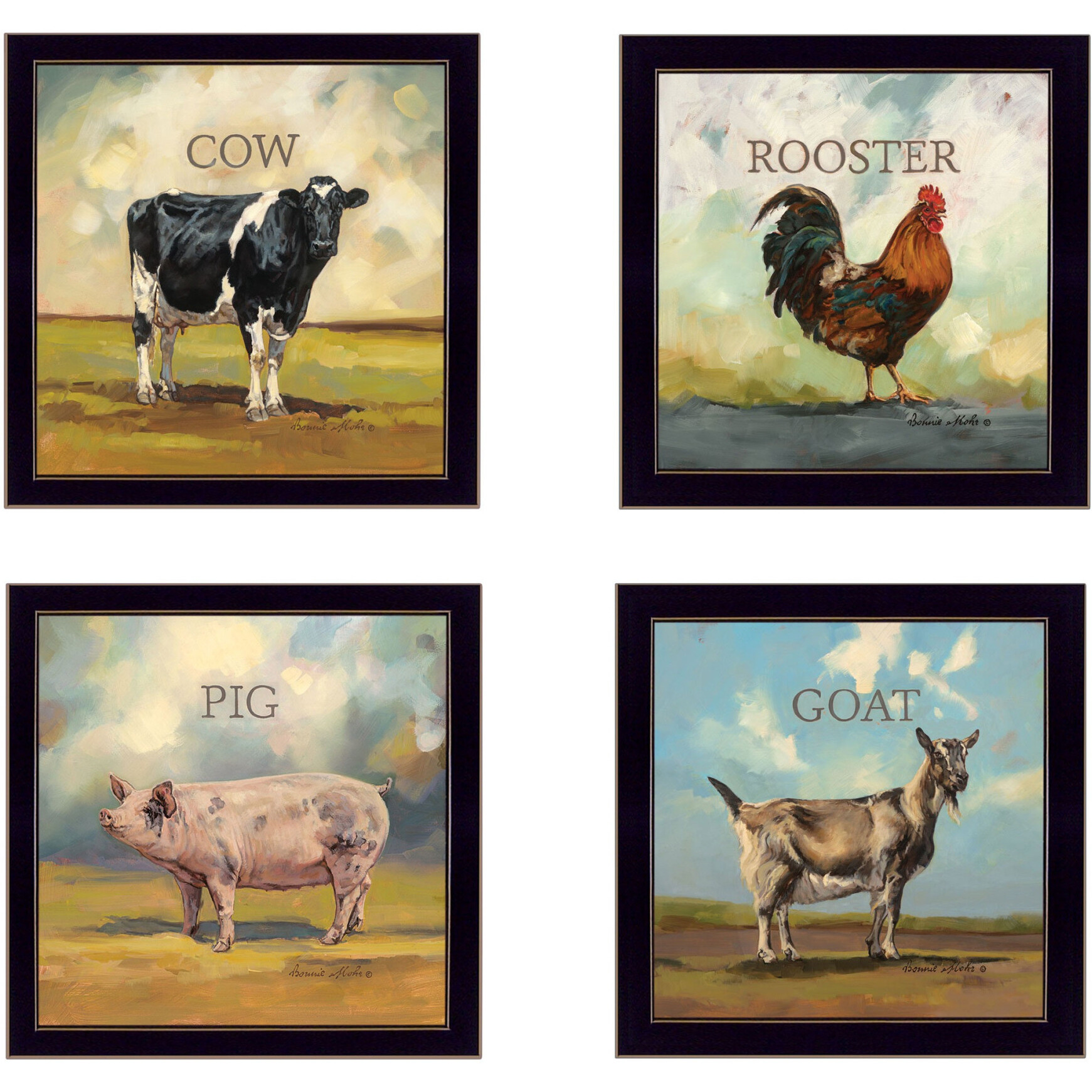 Set Of Four Farm Animals 1 Black Framed Print Wall Art